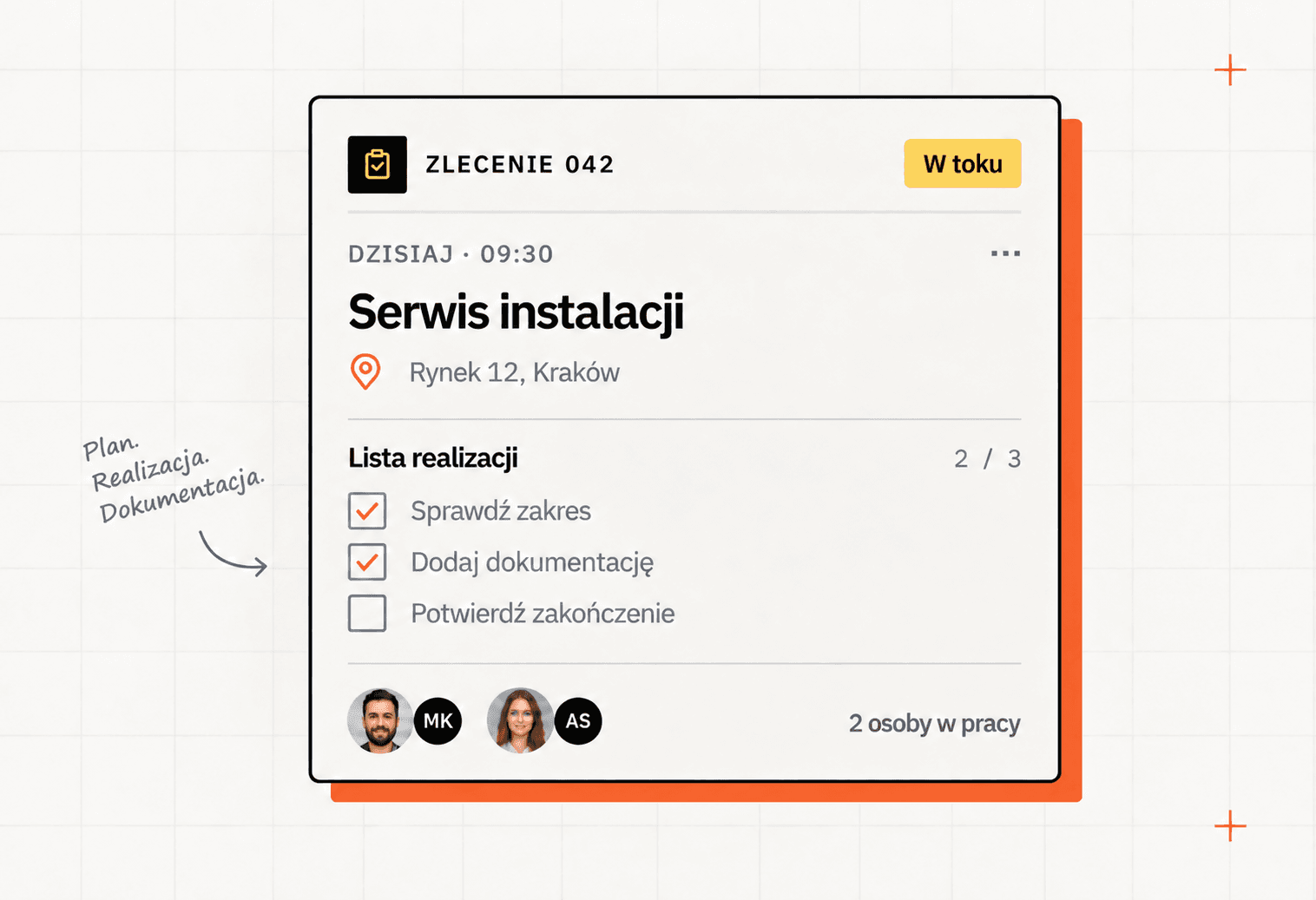 Przykładowe zlecenie: serwis instalacji w Krakowie z listą prac i dwuosobową ekipą.